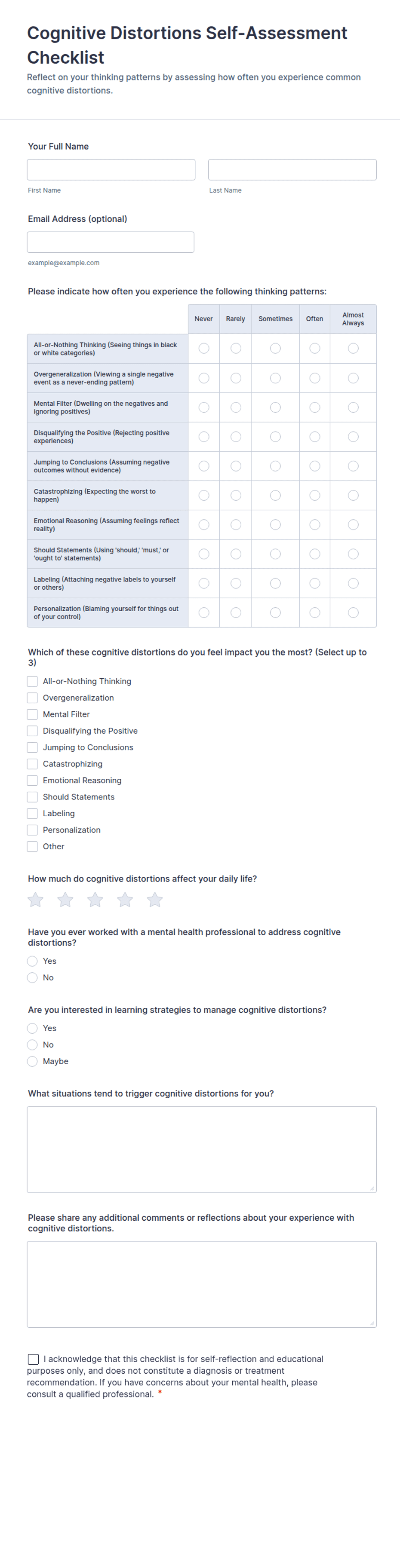 Negative Positive Cognitive Checklist.pdf Cognitive Distortions Self-Assessment Checklist Form Template | Jotform