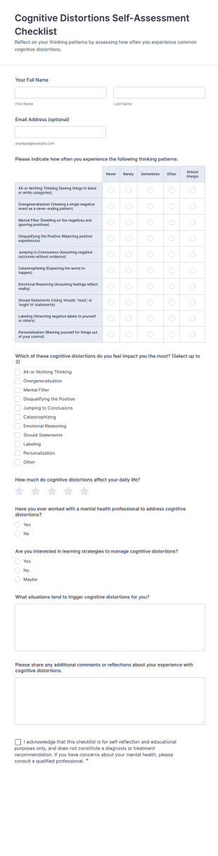 Cognitive Distortions Self Assessment Checklist Form Template