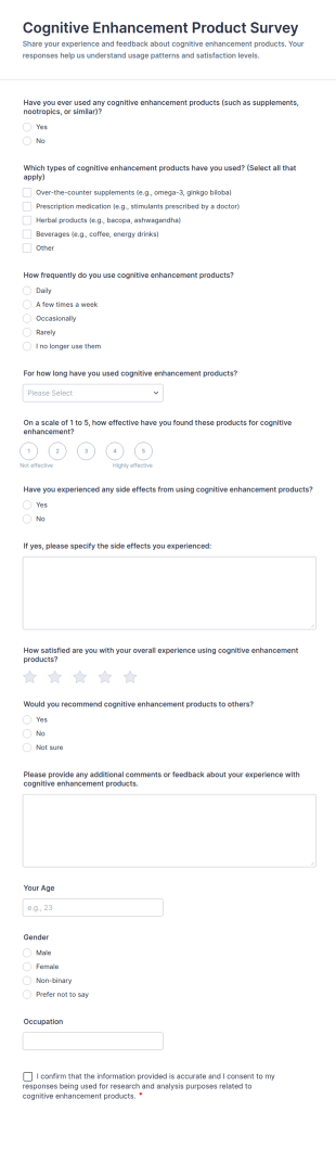 Cognitive Enhancement Product Survey Form Template