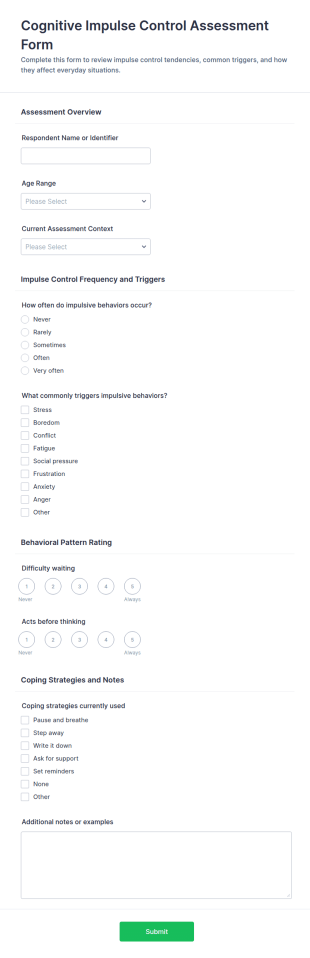 Cognitive Impulse Control Assessment Form Template