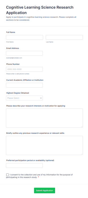 Cognitive Learning Science Research Application Form Template
