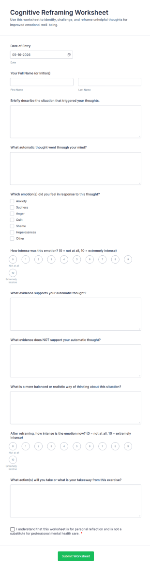 Cognitive Reframing Worksheet Form Template