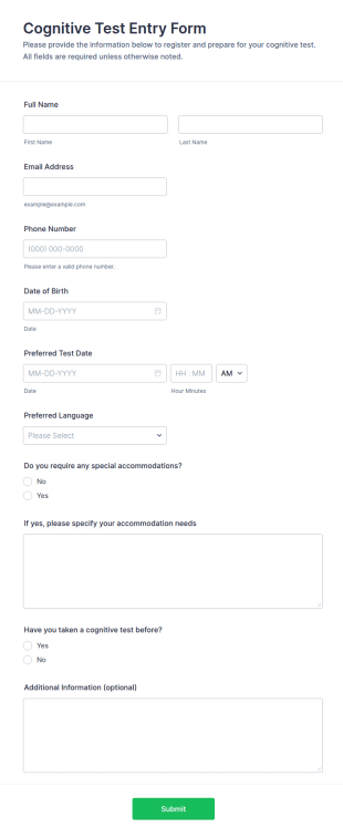 Cognitive Test Entry Form Template