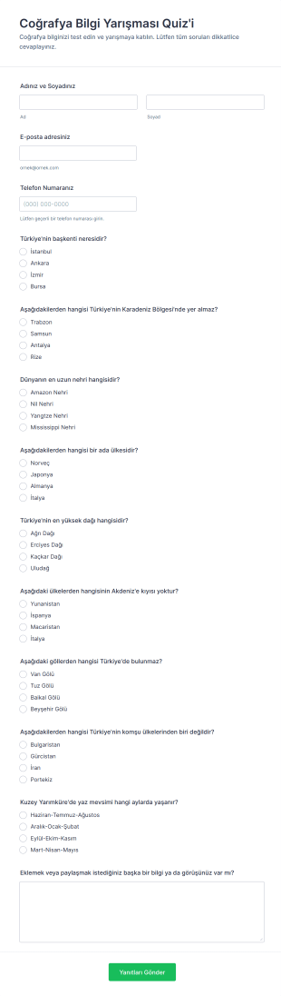 Coğrafya Bilgi Yarışması Quiz'i Form Şablonu
