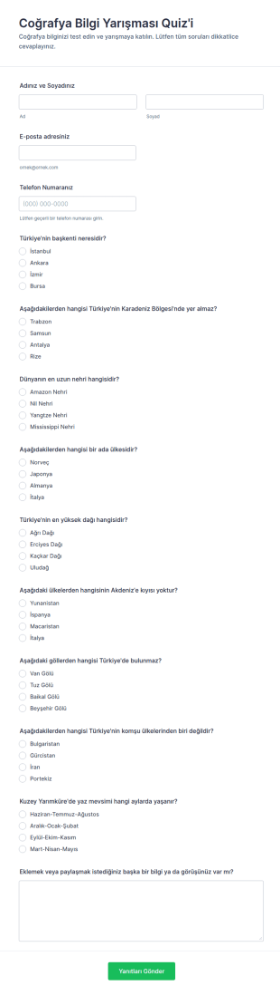 Coğrafya Bilgi Yarışması Quiz'i Form Şablonu