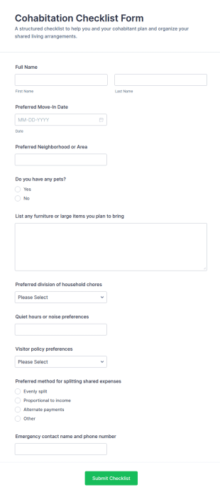 Cohabitation Checklist Form Template