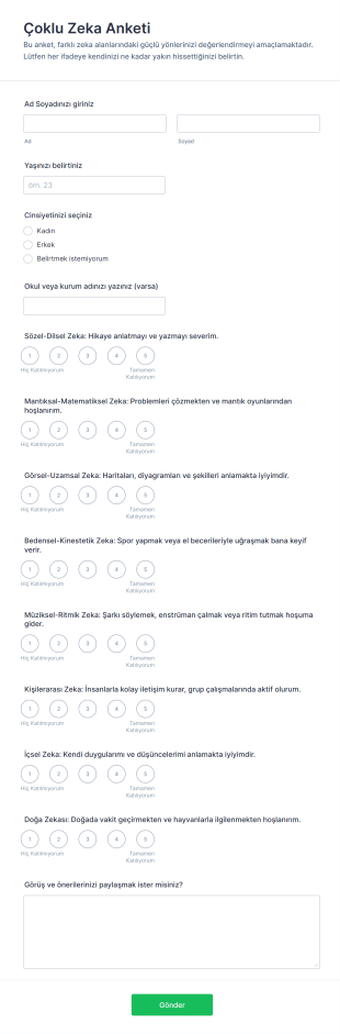 Çoklu Zeka Anketi Form Şablonu