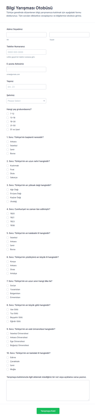 Çoktan Seçmeli Quiz Form Şablonu