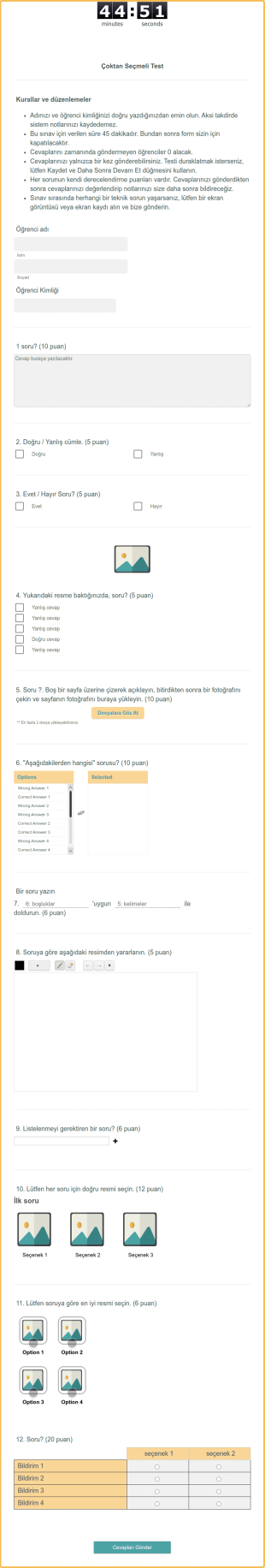 Çoktan Seçmeli Test Form Şablonu