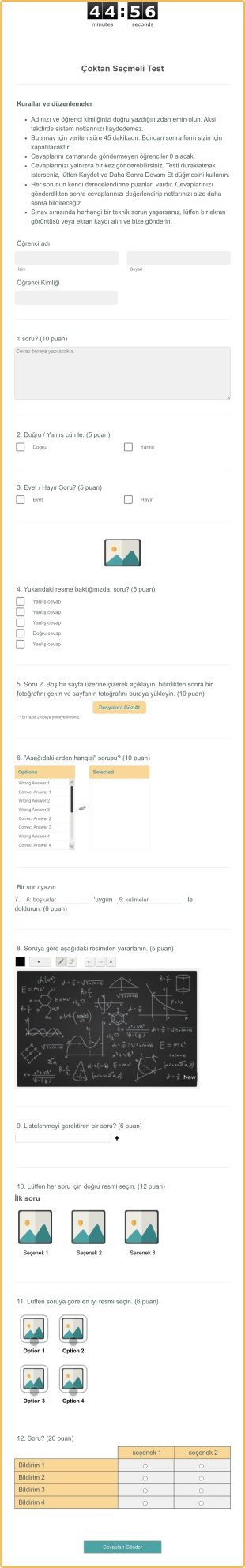 Çoktan Seçmeli Test Form Şablonu