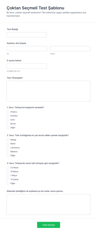 Çoktan Seçmeli Test Şablonu
