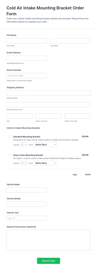 Cold Air Intake Mounting Bracket Order Form Template