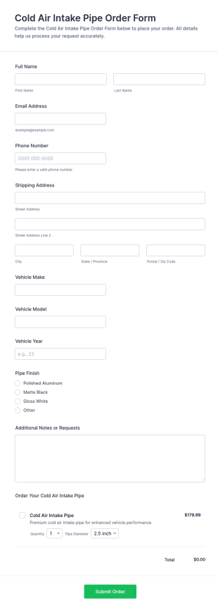 Cold Air Intake Pipe Order Form Template