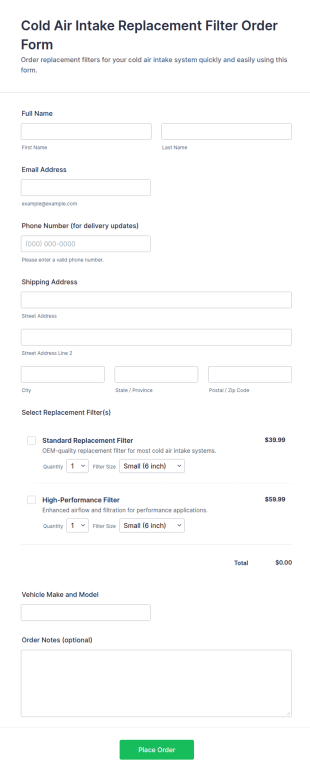 Cold Air Intake Replacement Filter Order Form Template