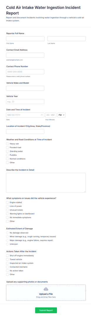 Cold Air Intake Water Ingestion Incident Report Form Template