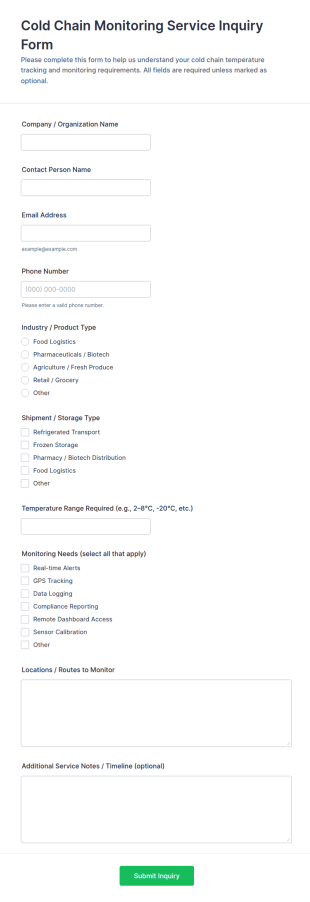 Cold Chain Monitoring Service Inquiry Form Template