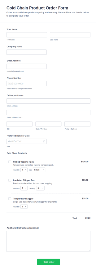 Cold Chain Product Order Form Template