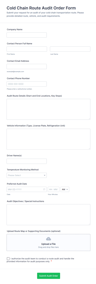 Cold Chain Route Audit Order Form Template