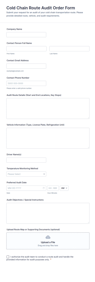 Cold Chain Route Audit Order Form Template