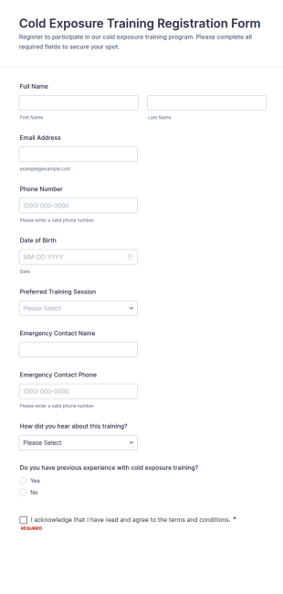 Cold Exposure Training Registration Form Template