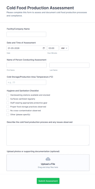 Cold Food Production Assessment Form Template