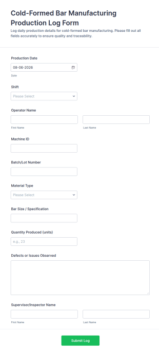 Cold Formed Bar Manufacturing Production Log Form Template