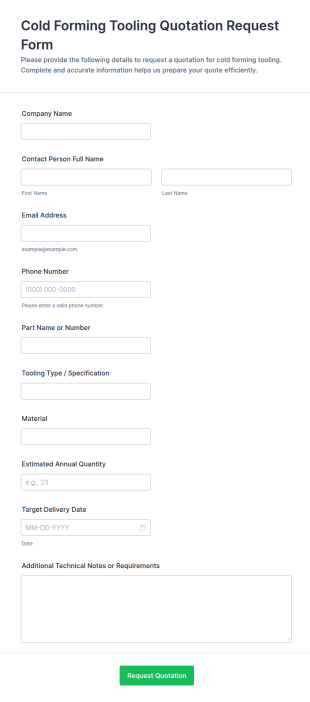 Cold Forming Tooling Quotation Request Form Template