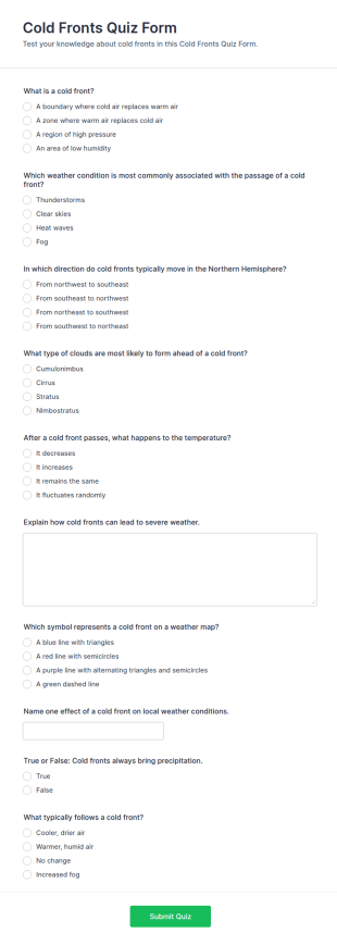 Cold Fronts Quiz Form Template