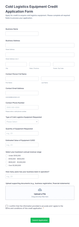 Cold Logistics Equipment Credit Application Form Template