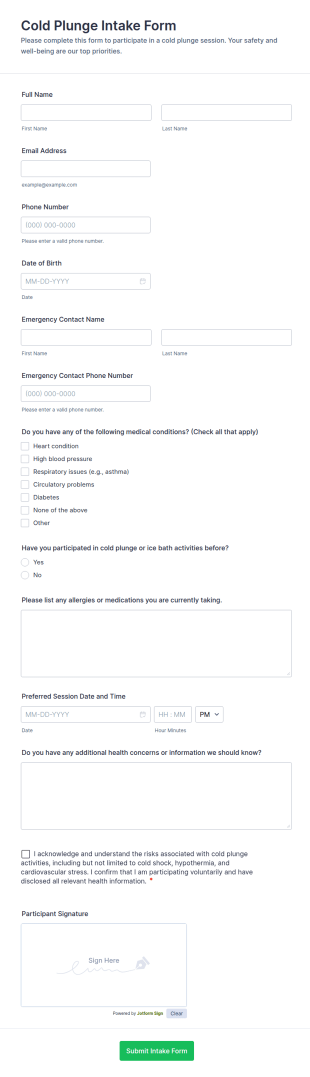 Cold Plunge Intake Form Template