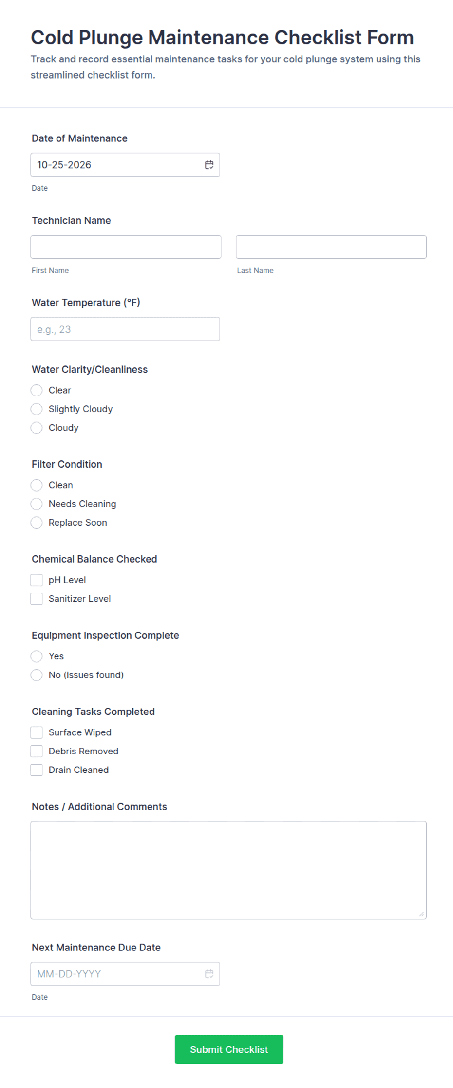Cold Plunge Maintenance Checklist Form Template | Jotform