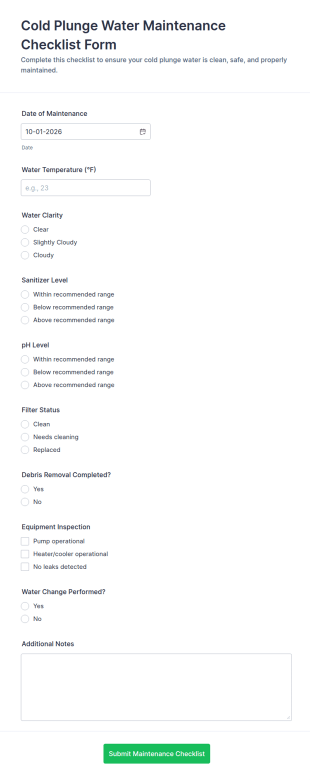 Cold Plunge Water Maintenance Checklist Form Template
