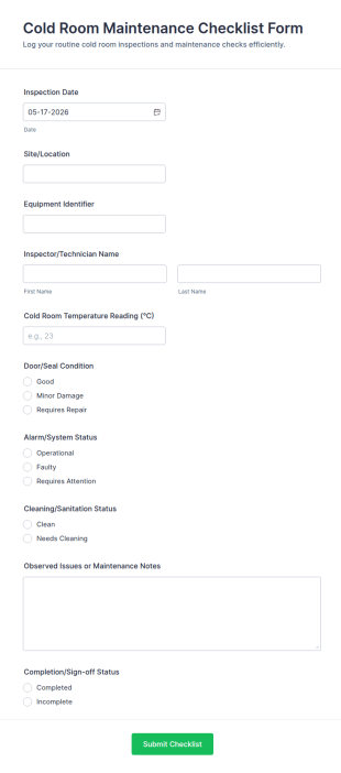 Cold Room Maintenance Checklist Form Template