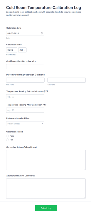 Cold Room Temperature Calibration Log Form Template
