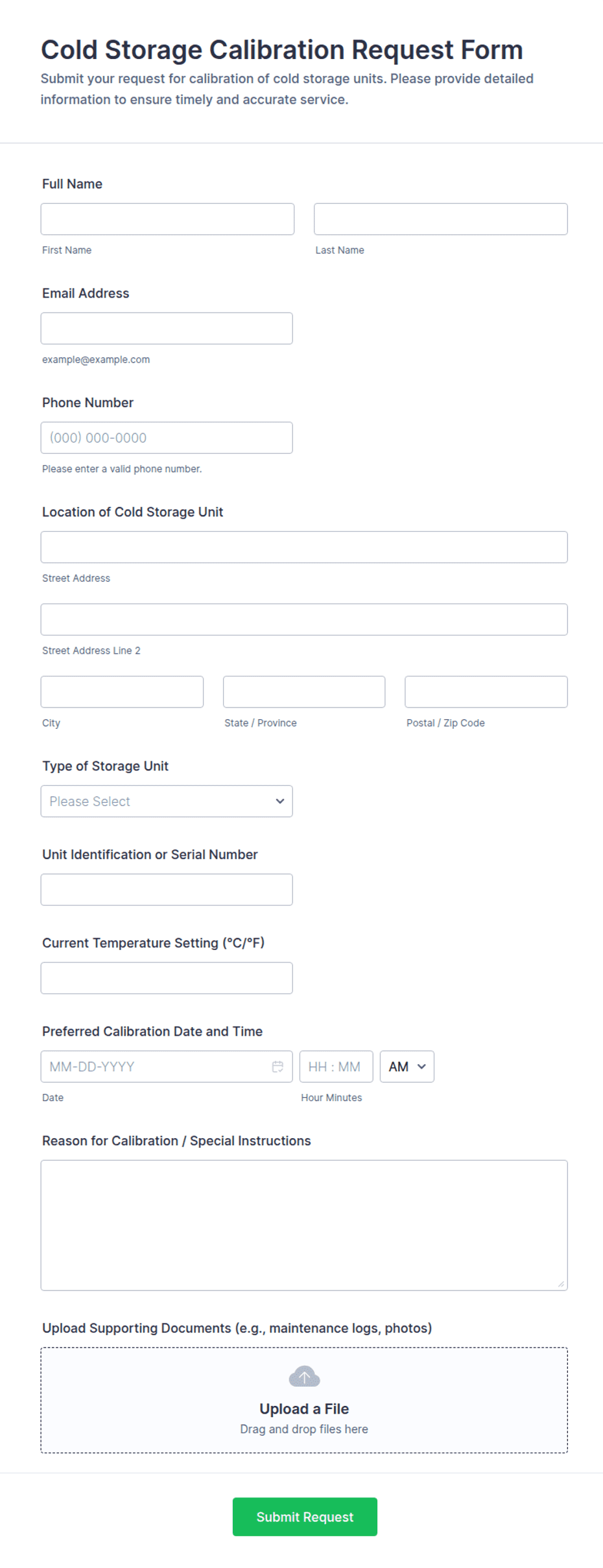 Cold Room Calibration Checklist.pdf Cold Storage Calibration Request Form Template | Jotform