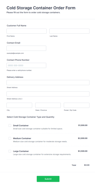 Cold Storage Container Order Form Template