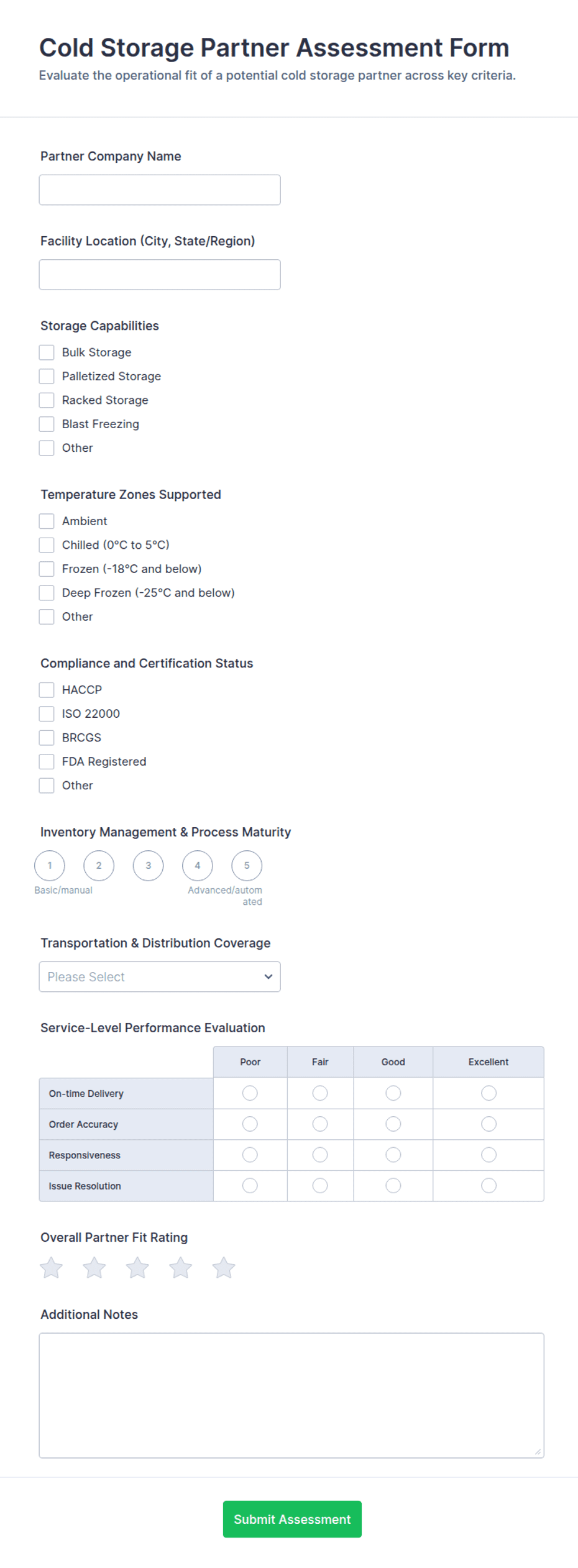 Cold Storage Partner Assessment Form Template | Jotform