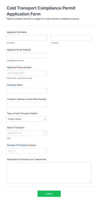 Cold Transport Compliance Permit Application Form Form Template