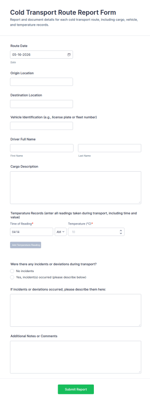 Cold Transport Route Report Form Template