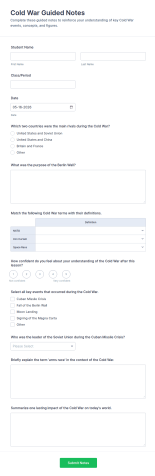 Cold War Guided Notes Form Template