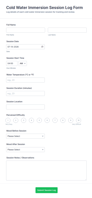 Cold Water Immersion Session Log Form Template