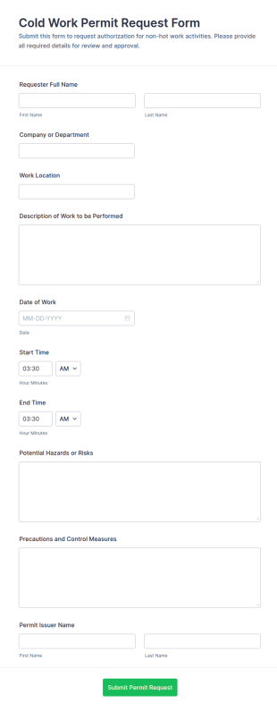 Cold Work Permit Request Form Template
