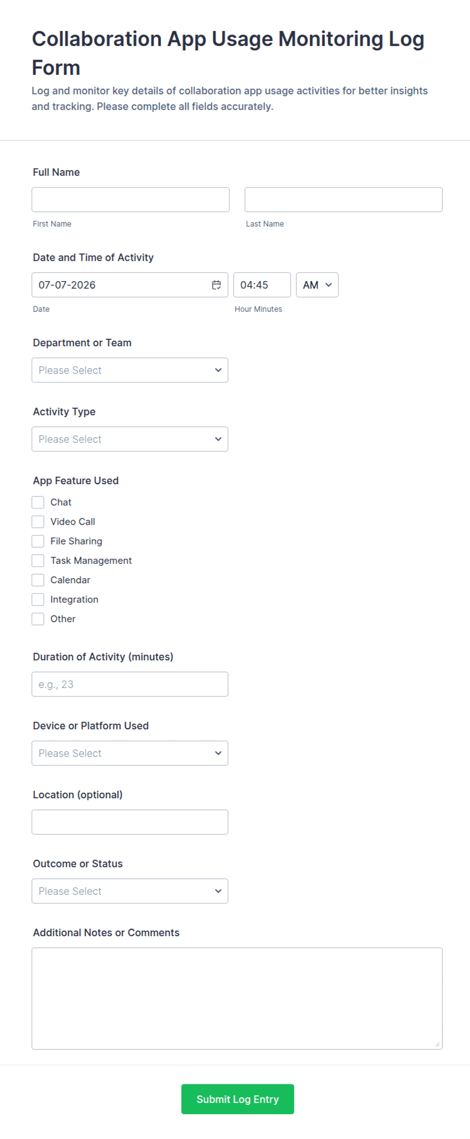 Collaboration App Usage Monitoring Log Form Template | Jotform