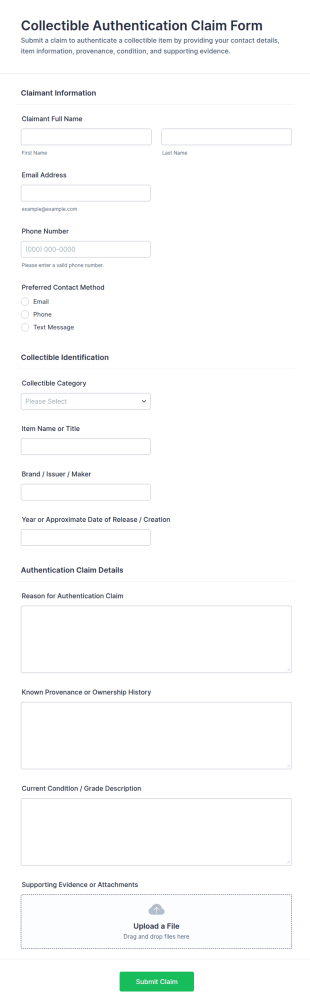 Collectible Authentication Claim Form Template
