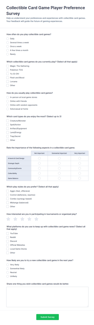 Collectible Card Game Player Preference Survey Form Template
