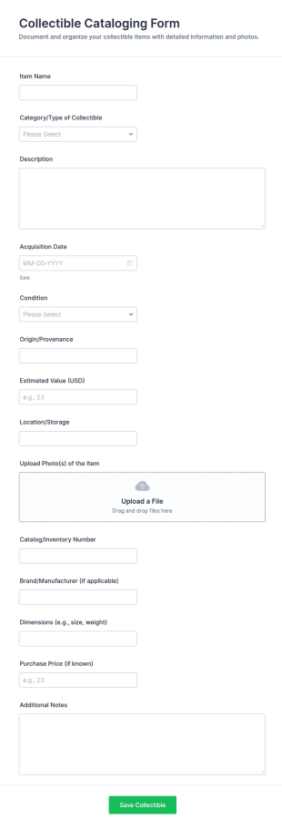 Collectible Cataloging Form Template