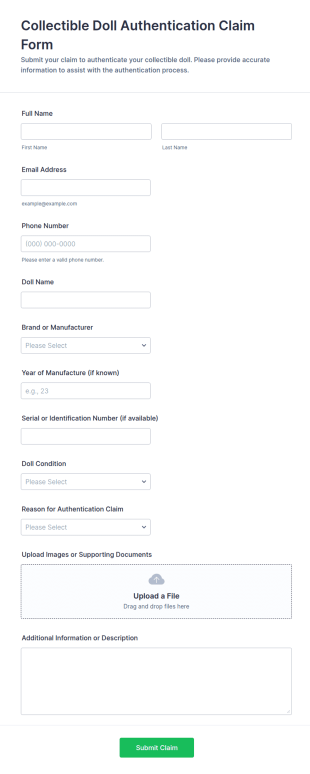 Collectible Doll Authentication Claim Form Template