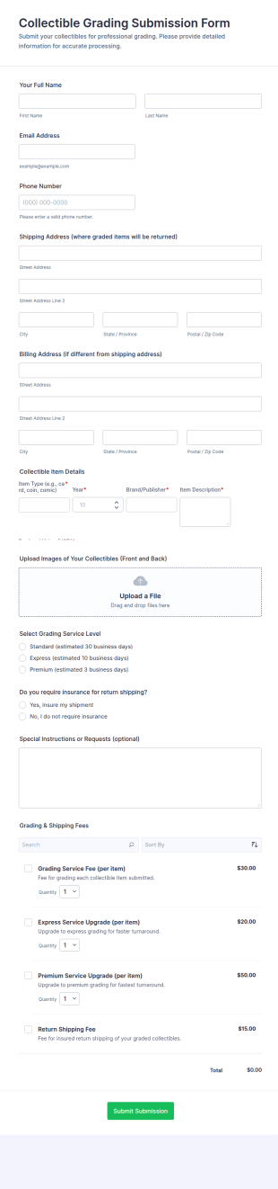 Collectible Grading Submission Form Template