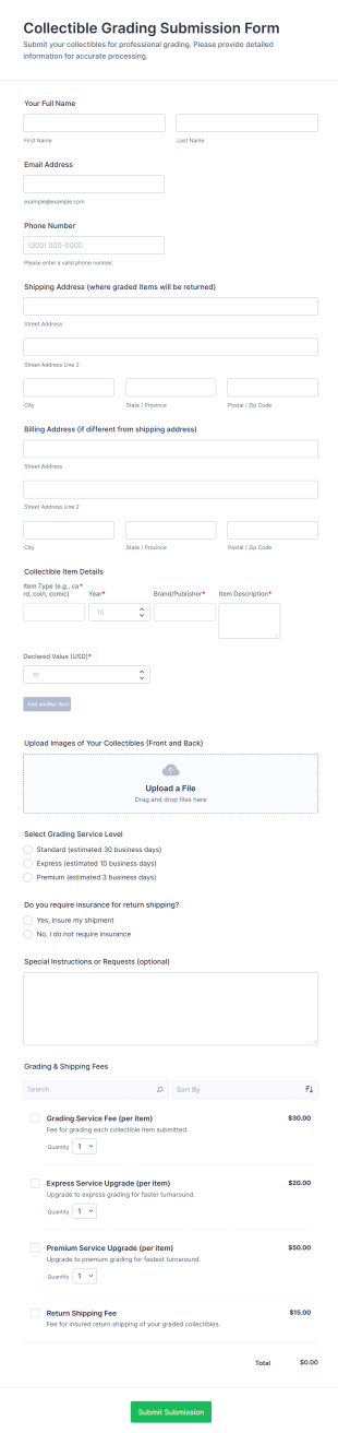 Collectible Grading Submission Form Template