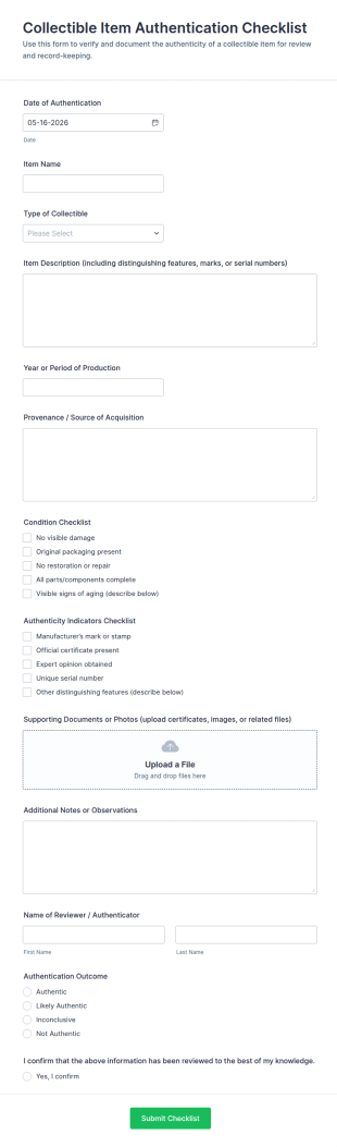 Collectible Item Authentication Checklist Form Template